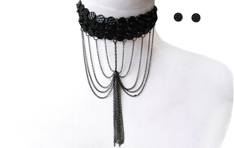 Choker with Draped Chains and Earrings  Set Black