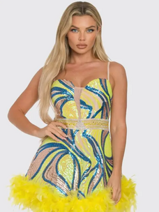 Yellow Feather Hem Mix Sequin Mini Dress