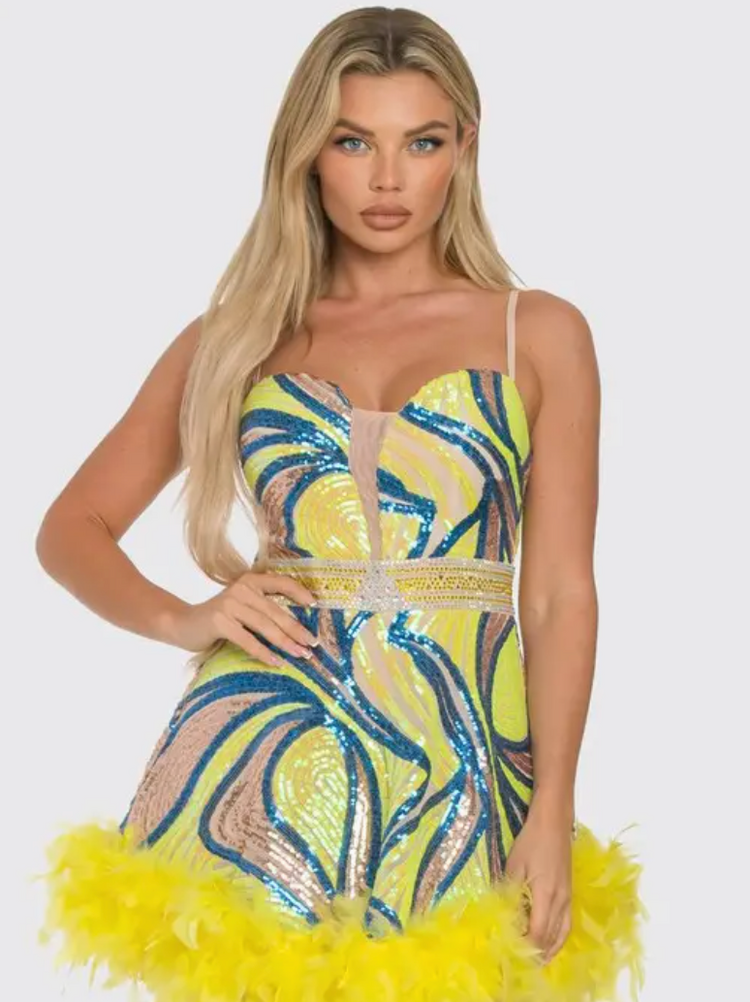 Feather Hem Mix Sequin Mini Dress Yellow