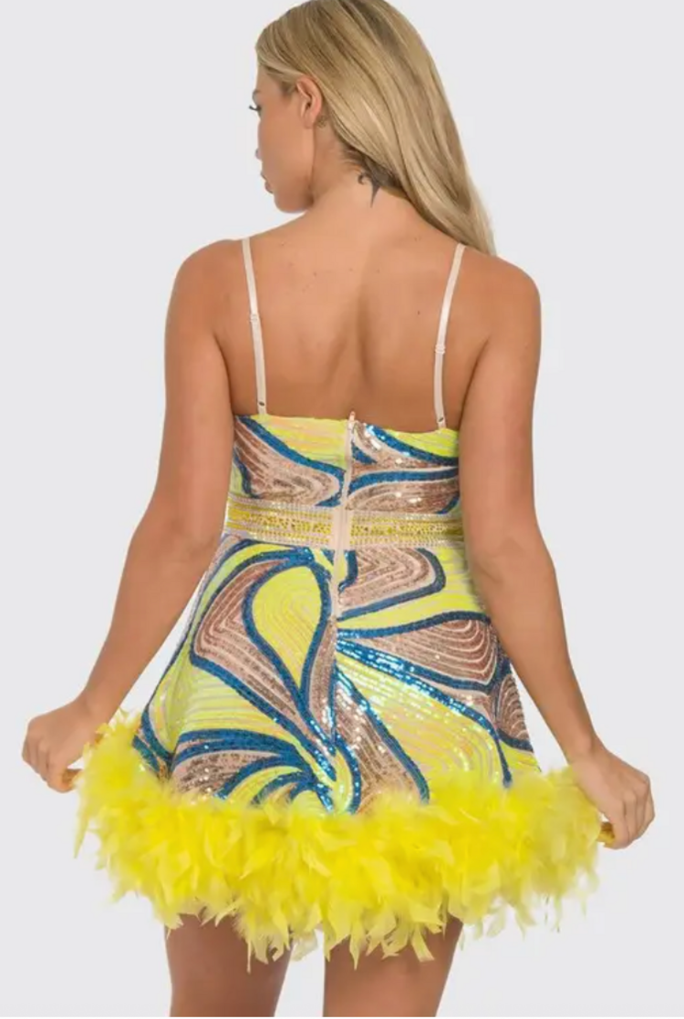 Feather Hem Mix Sequin Mini Dress Yellow
