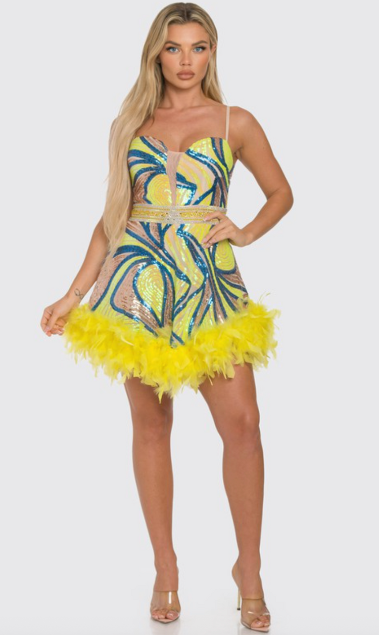 Yellow Feather Hem Mix Sequin Mini Dress