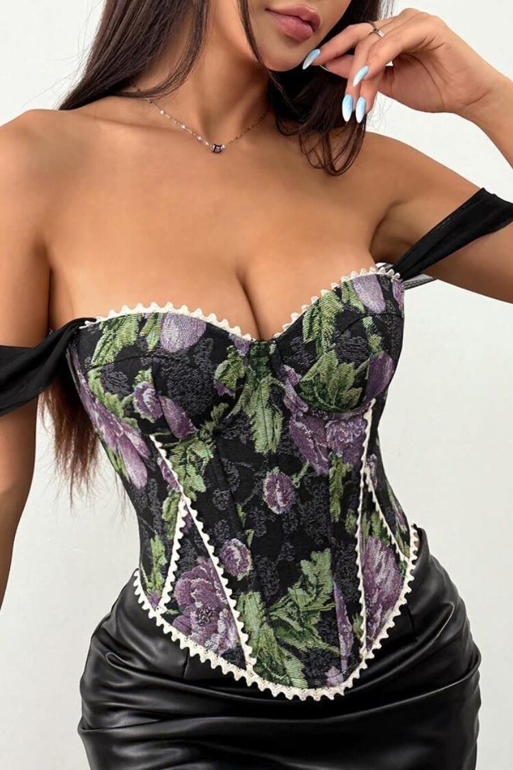 Off Shoulder Floral Jacquard Corset Top Black