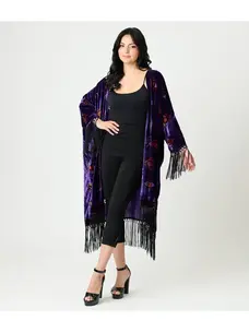 Vintage Evil Eye Burnout Fringe  Kimono Purple