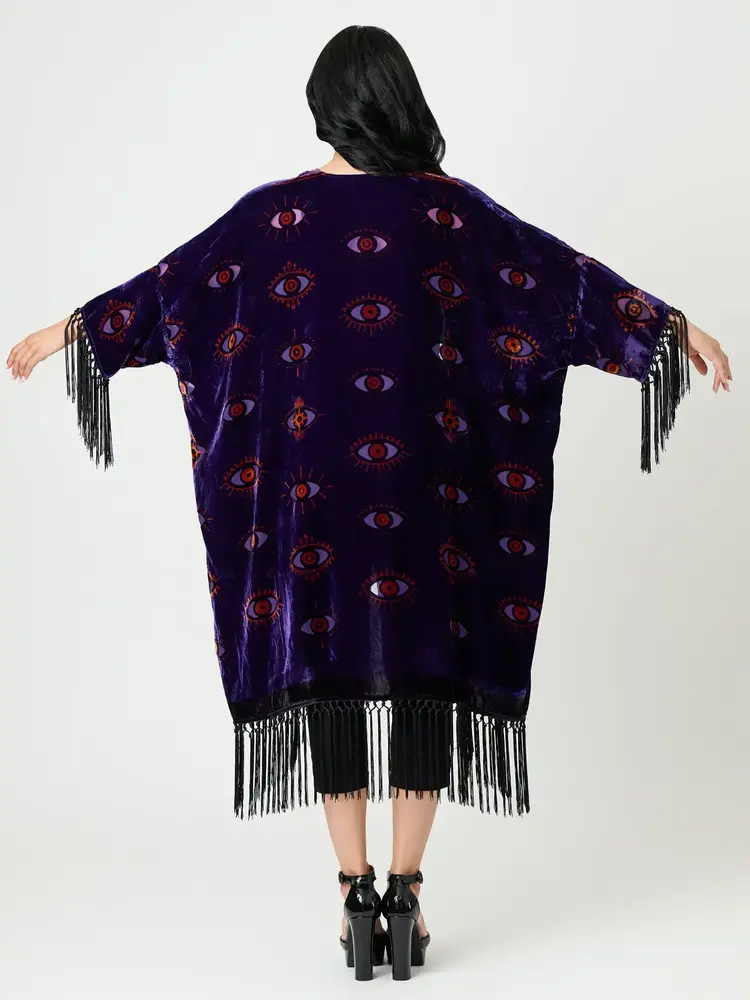 Vintage Evil Eye Burnout Fringe  Kimono Purple
