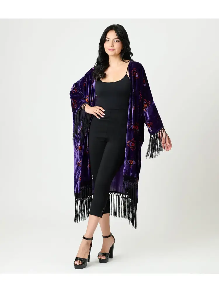 Plus Size Vintage Evil Eye Burnout Fringe Kimono Purple