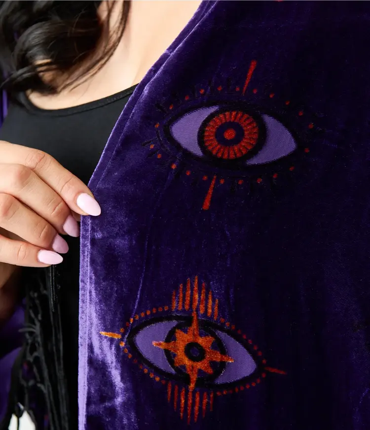 Plus Size Vintage Evil Eye Burnout Fringe Kimono Purple