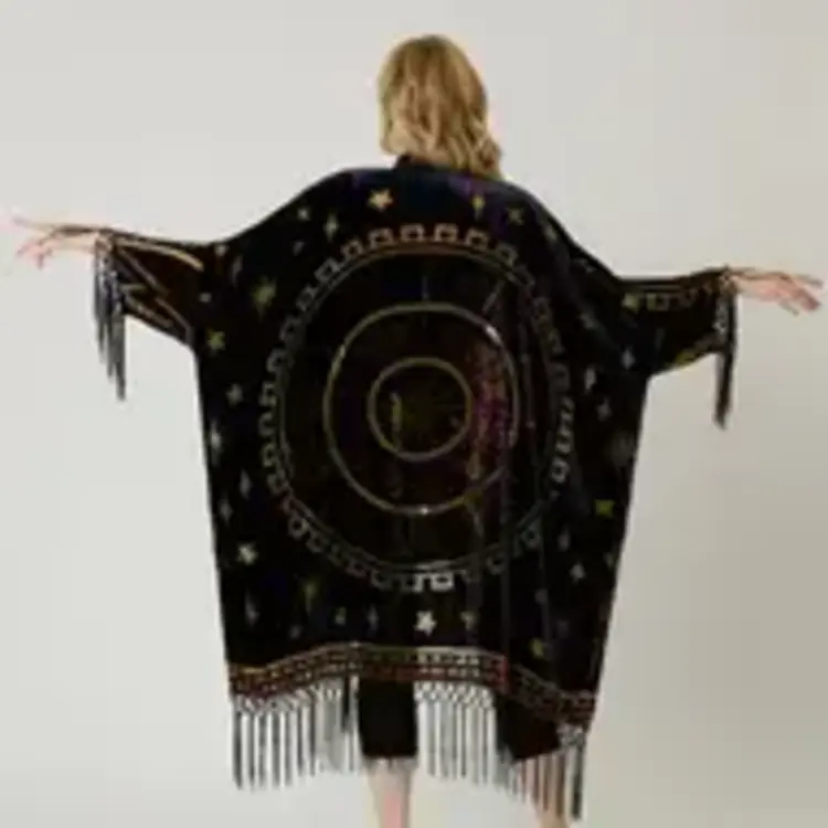Purple & Gold Velvet Zodiac Fringe Kimono OS
