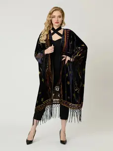 Plus Size Purple & Gold Velvet Zodiac Fringe Kimono