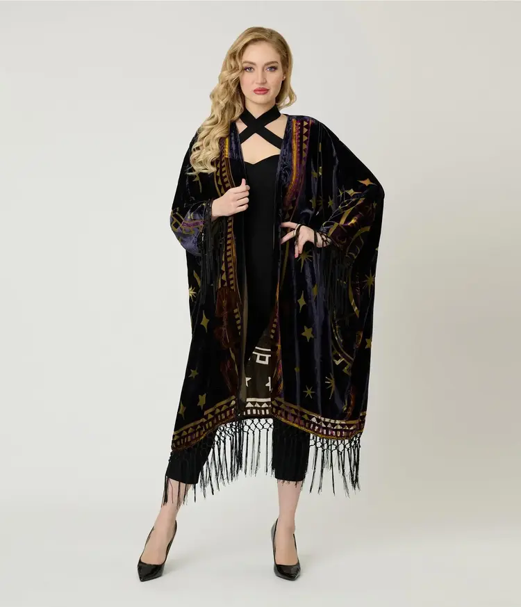 Plus Size Purple & Gold Velvet Zodiac Fringe Kimono