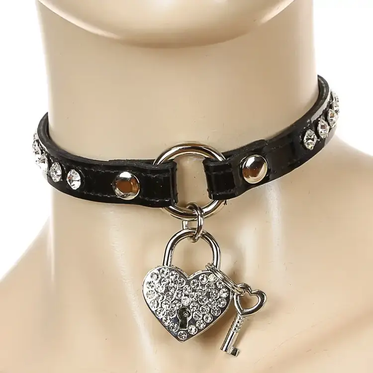 Heart Lock Rhinestone Choker Black