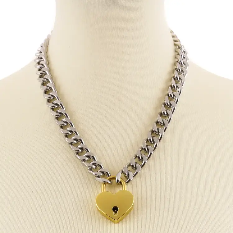 Cuban Chain Heart Padlock Necklace Gold