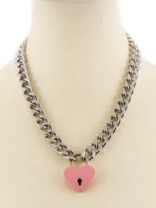 Cuban Chain Heart Padlock Necklace Pink