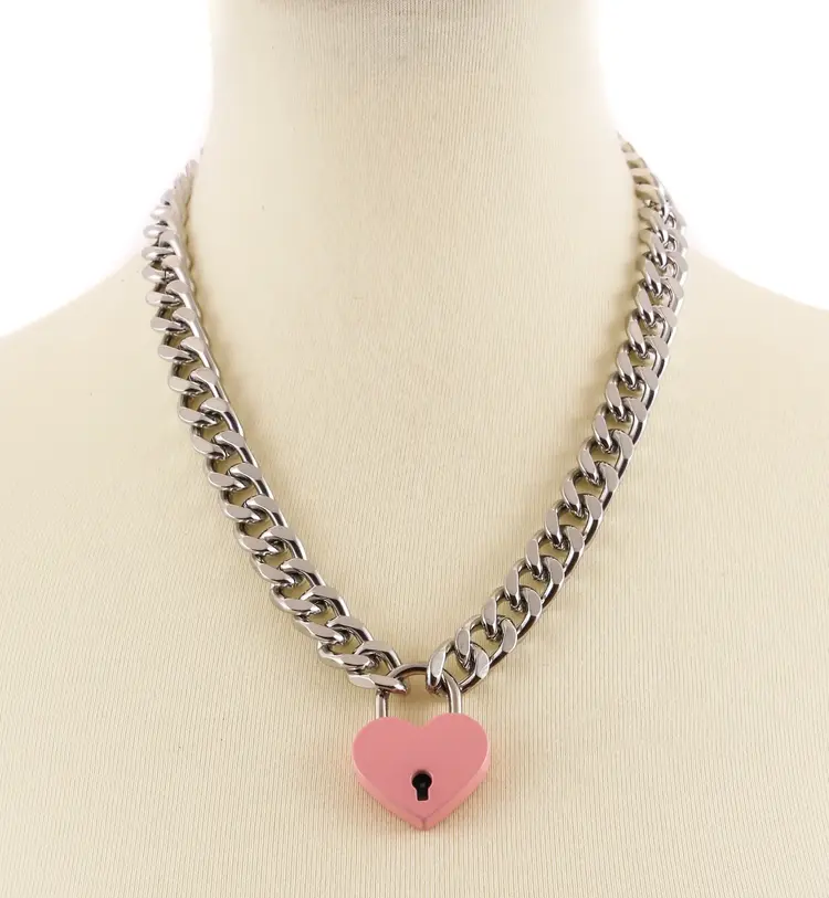 Cuban Chain Heart Padlock Necklace Pink