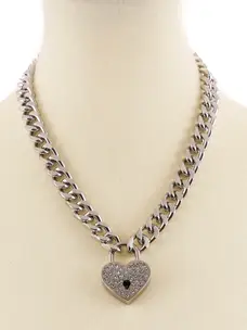 Cuban Chain Heart Padlock Necklace Rhinestone