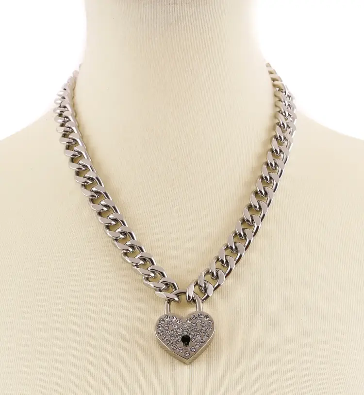 Cuban Chain Heart Padlock Necklace Rhinestone