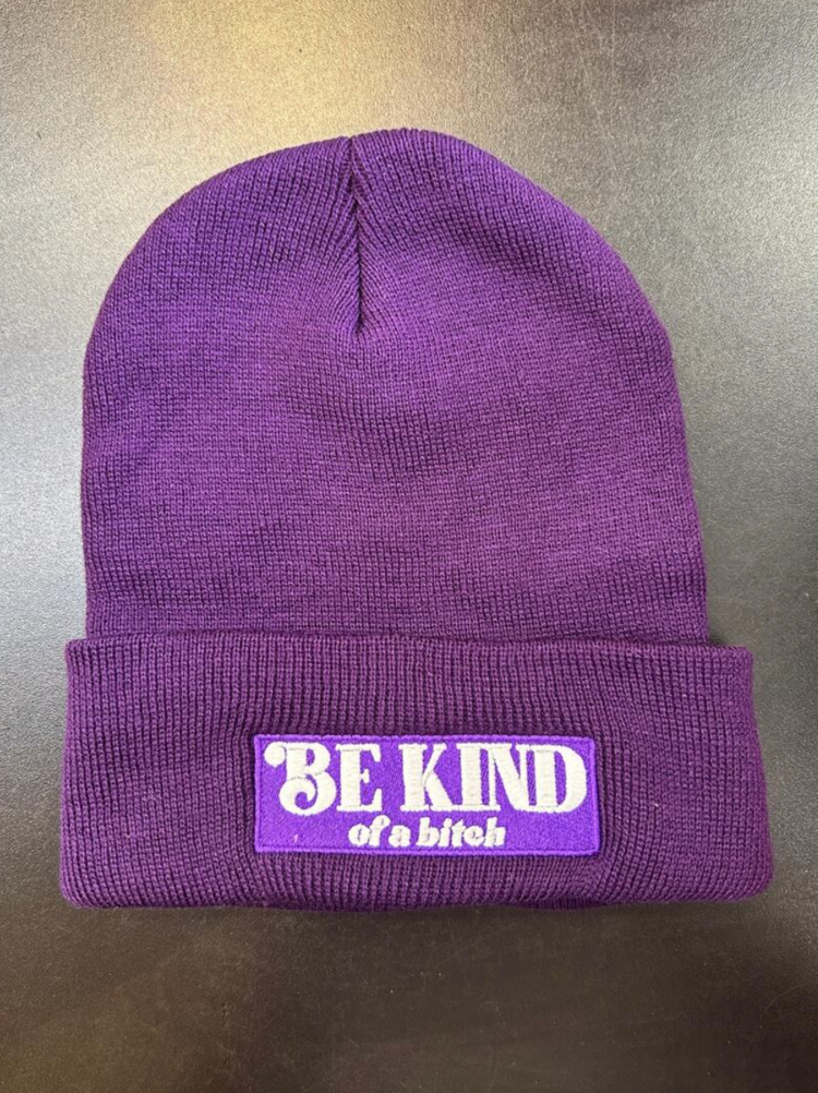 Calm Down Caren Be Kind...Of A Bitch Embroidered Beanie Purple