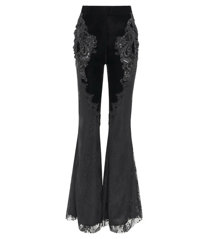 Embroidered Velvet Lace Flare Black Pants