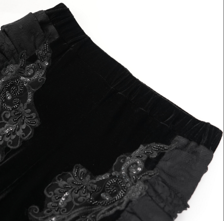 Embroidered Velvet Lace Flare Black Pants