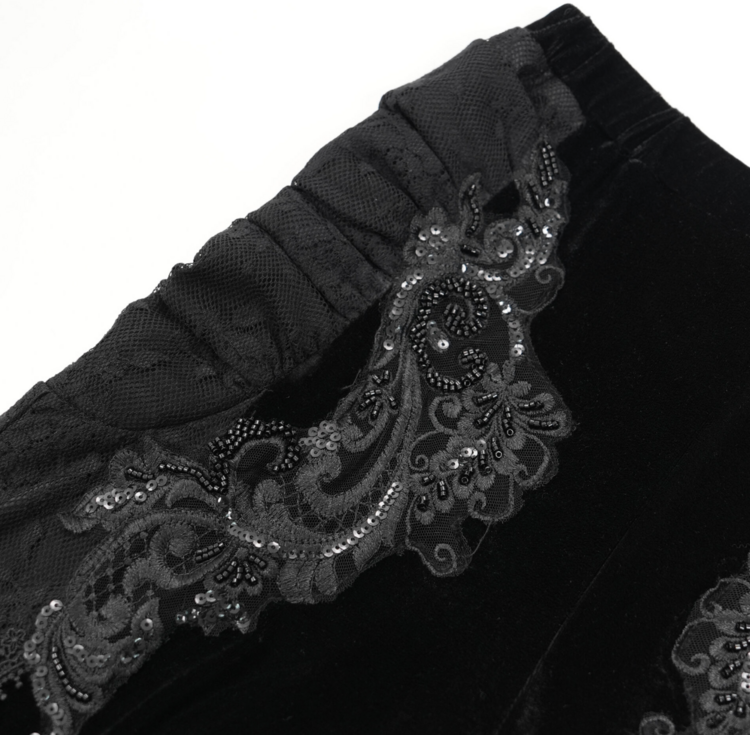 Embroidered Velvet Lace Flare Black Pants