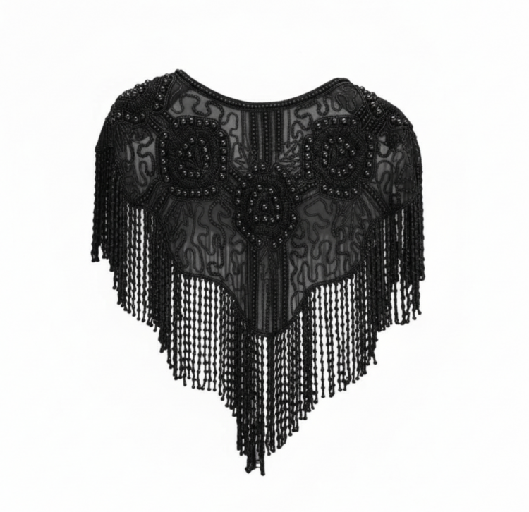 Beaded Pearl Shawl with Fringe Black