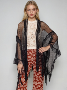 Fishnet Crochet Poncho with Fringe Black