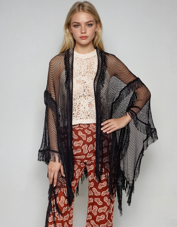 Fishnet Crochet Fringe Poncho Black