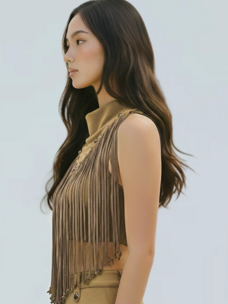 Desert Drift Fringe Mock Neck Crop Top Khaki