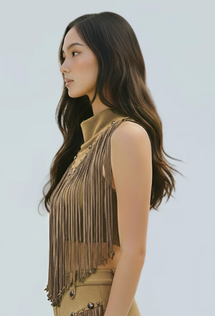 Desert Drift Fringe Mock Neck Crop Top Khaki