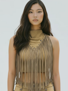 Desert Drift Fringe Mock Neck Crop Top Khaki