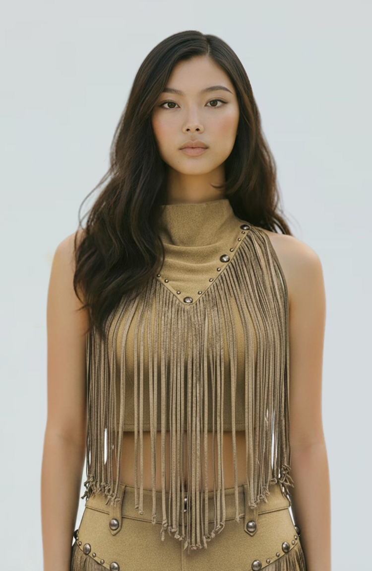Desert Drift Fringe Mock Neck Crop Top Khaki