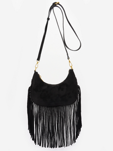 Fringe Trimmed Suede Crossbody Bag Black
