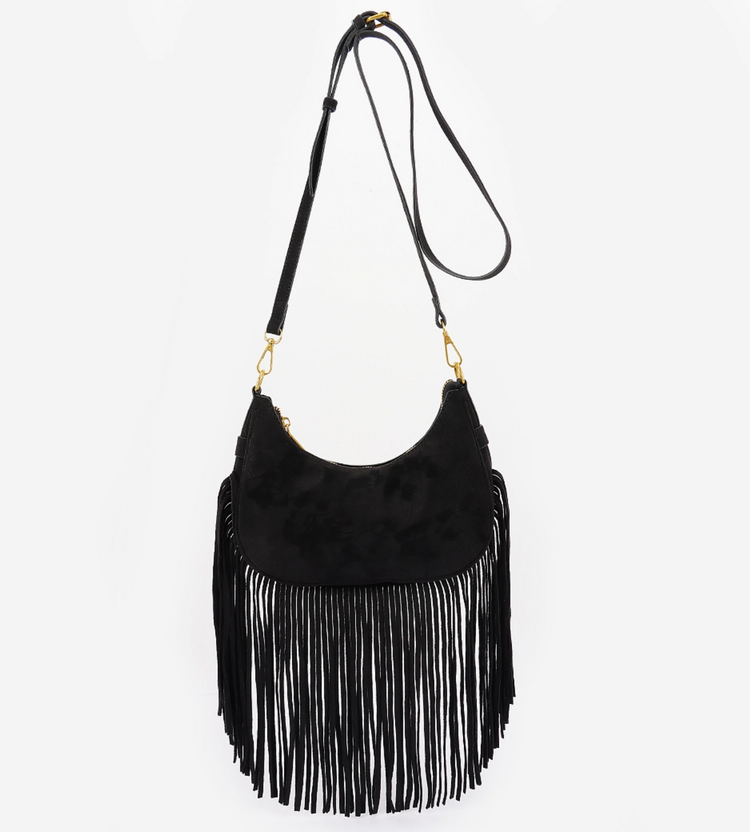 Fringe Trimmed Suede Crossbody Bag Black