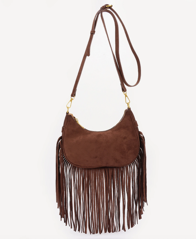 Fringe Trimmed Suede Crossbody Bag Brown