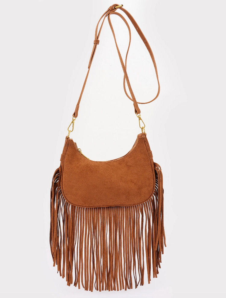 Fringe Trimmed Suede Crossbody Bag Camel