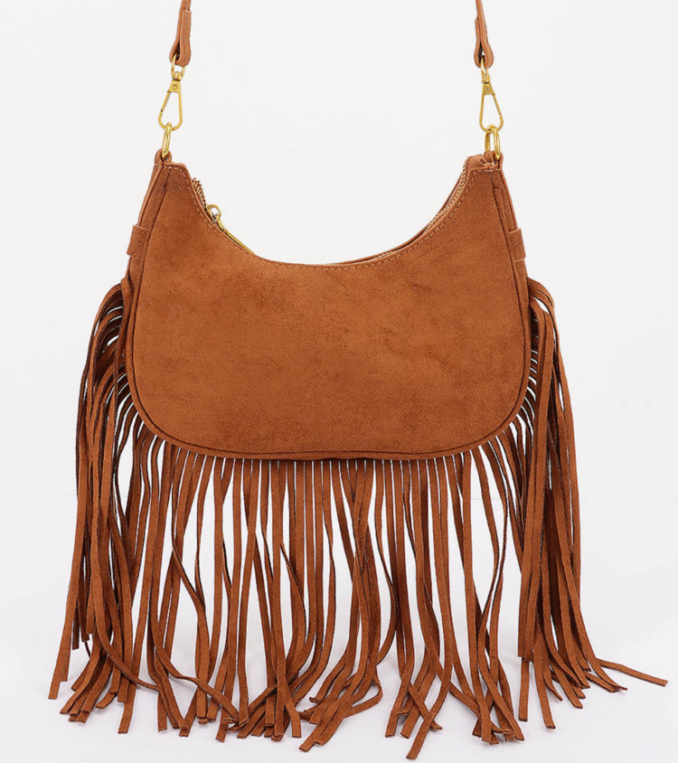 Fringe Trimmed Suede Crossbody Bag Camel