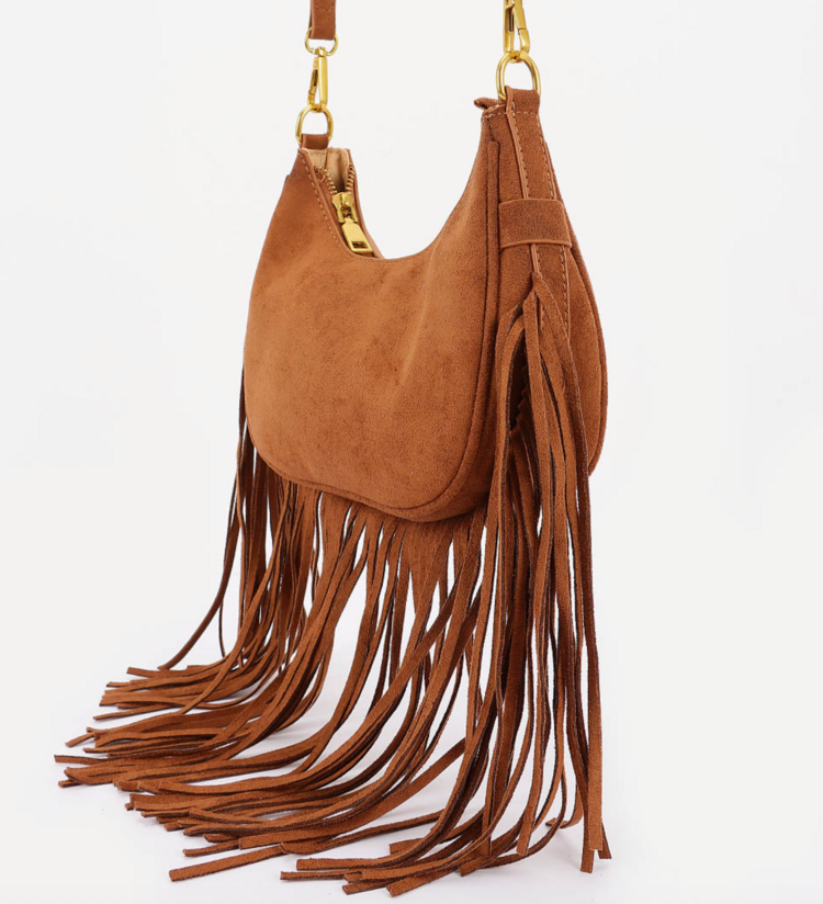 Fringe Trimmed Suede Crossbody Bag Camel