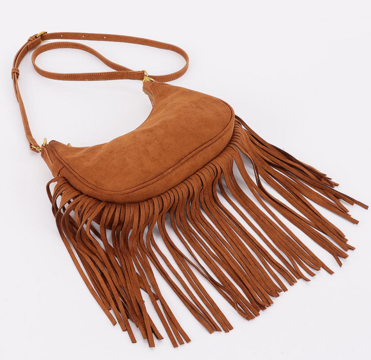 Fringe Trimmed Suede Crossbody Bag Camel