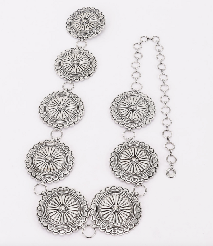 Vintage Metal Western Style Chain Belt Antique Silver