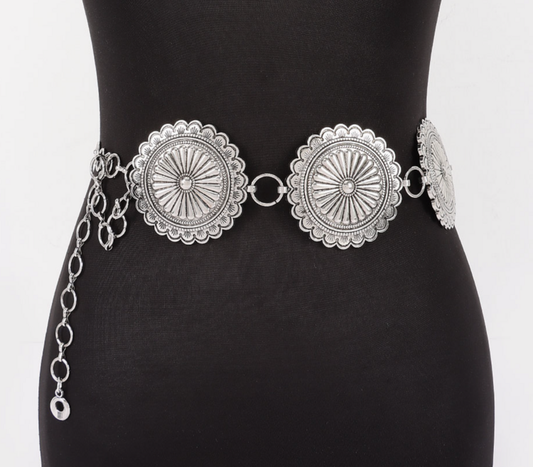 Vintage Metal Western Style Chain Belt Antique Silver