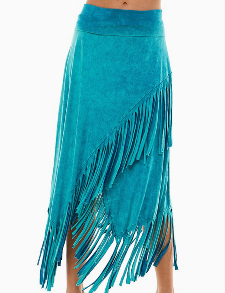 Mineral Wash High Low Diagonal Fringe Skirt Jade