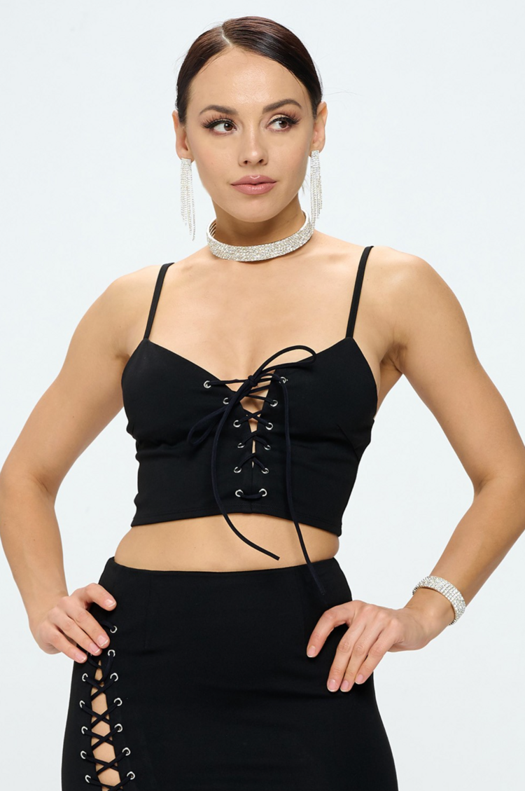 Lace Up Front Spaghetti Strap Crop Top Black