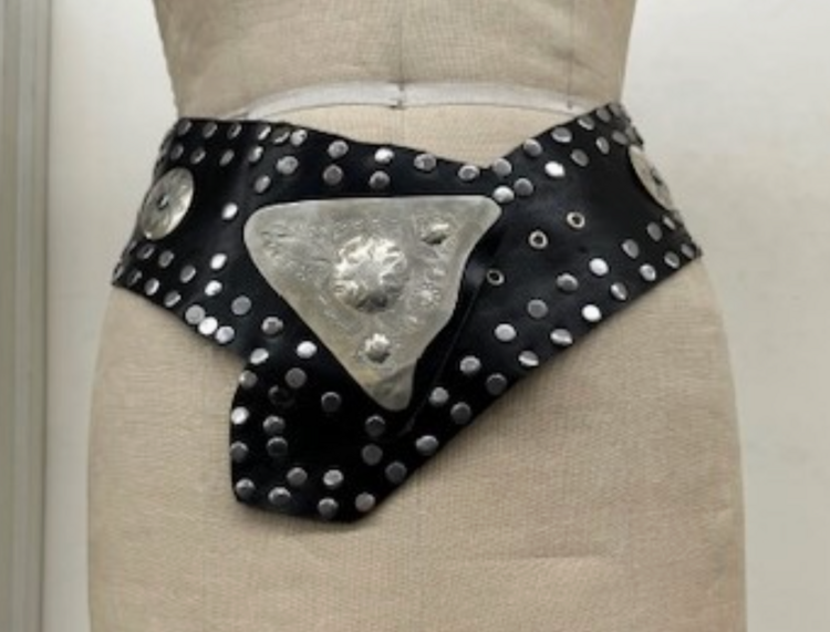 Black Leather Belt with Unique Silver Buckle