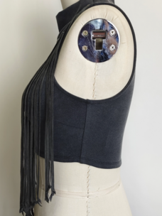 Desert Drift Fringe Mock Neck Crop Top Black