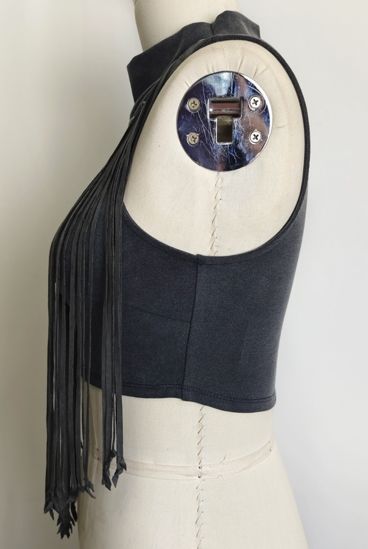 Desert Drift Fringe Mock Neck Crop Top Black