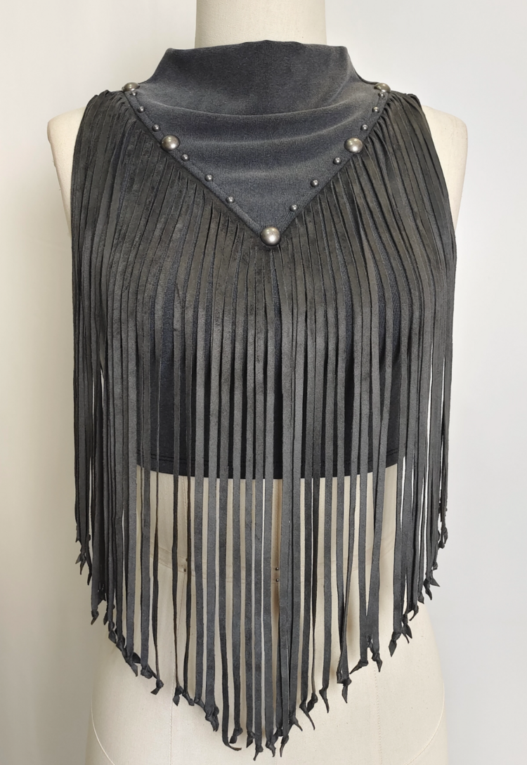 Desert Drift Fringe Mock Neck Crop Top Black