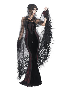 Sheer Beaded Long Cloak with Feather Trim