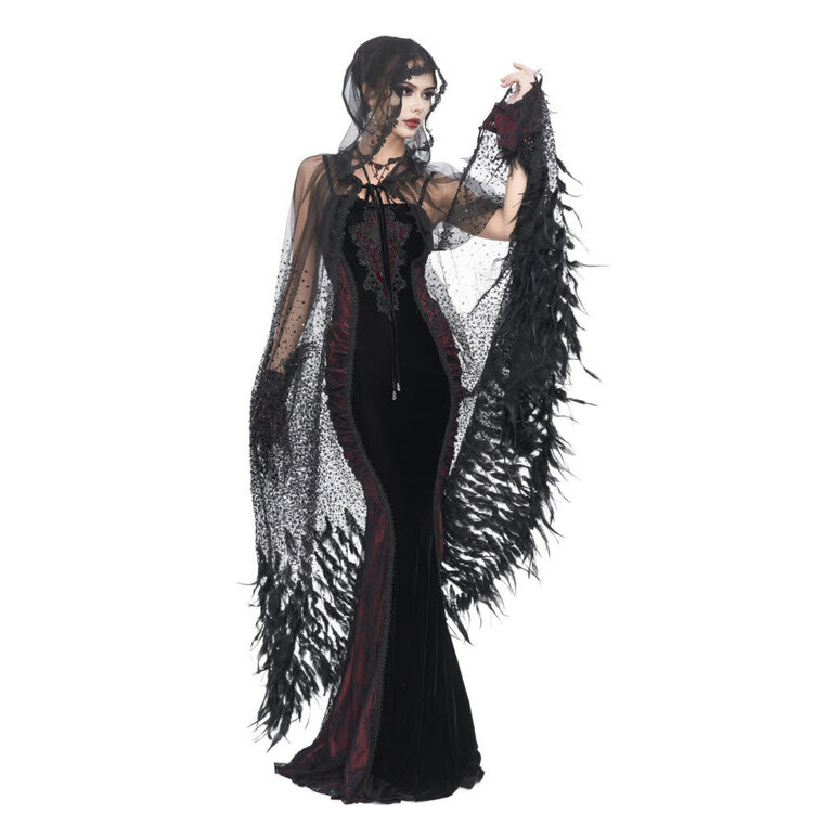 Sheer Beaded Long Cloak with Feather Trim