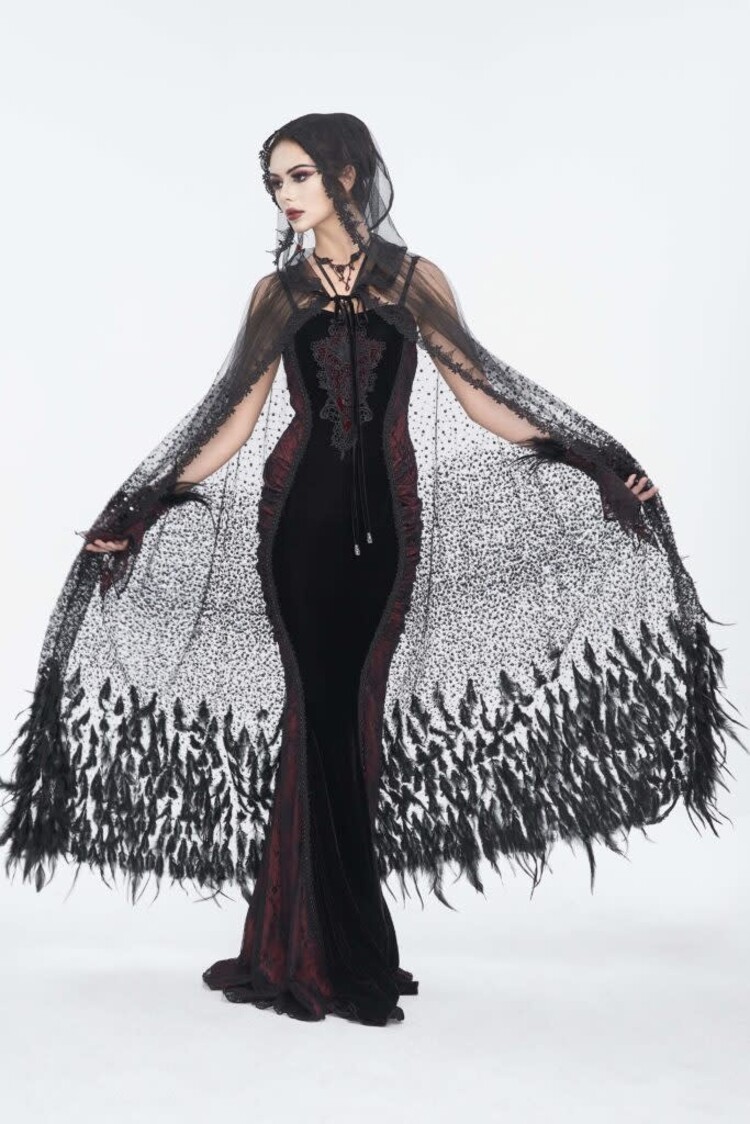 Sheer Beaded Long Cloak with Feather Trim