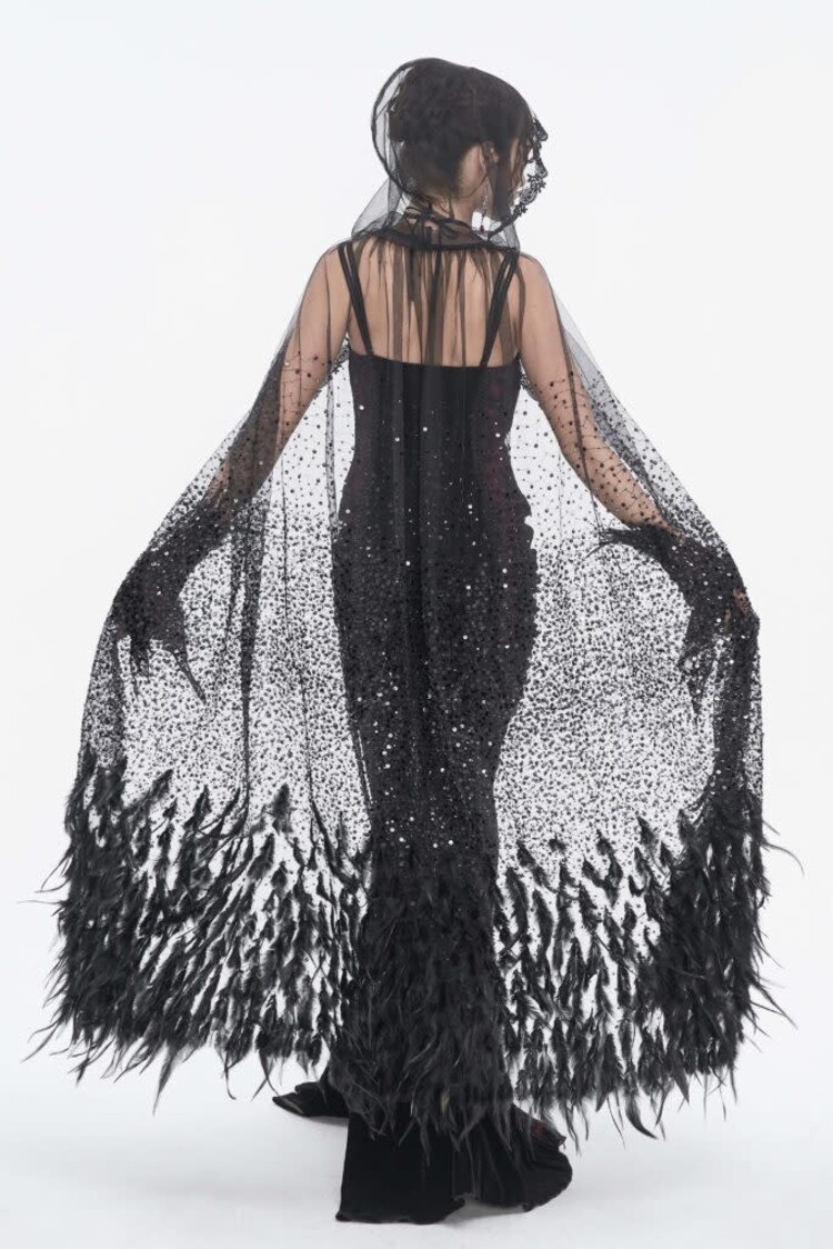 Sheer Beaded Long Cloak with Feather Trim