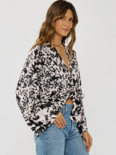 Floral Tie Front Kimono Top Black and White